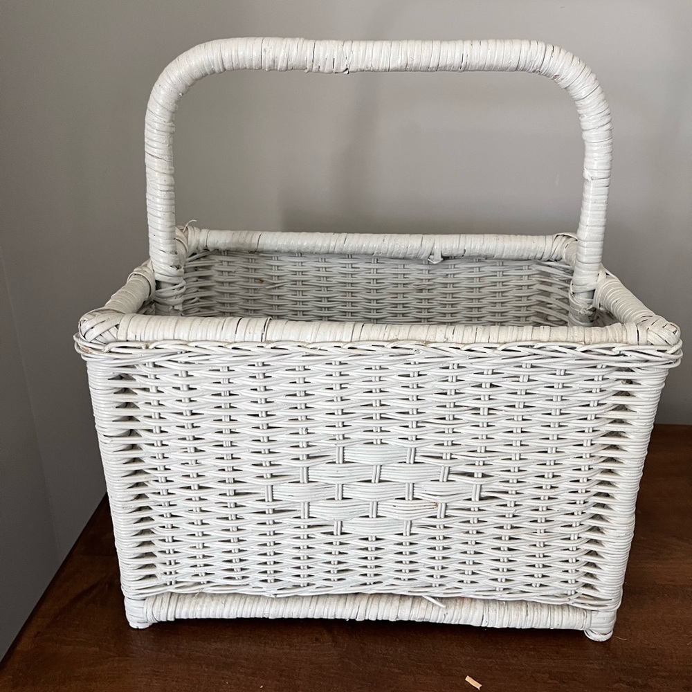 Vintage White Wicker Basket for Magazine Books or Anything
